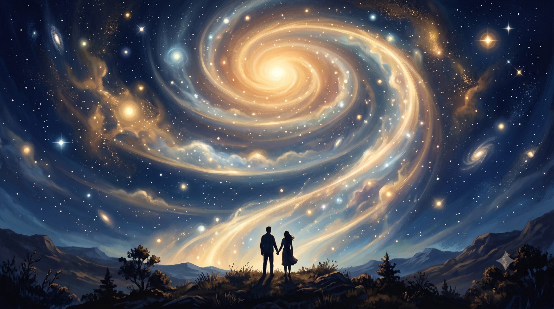 夜空の下、銀河のきらめきを見上げる二人——『ユランシアの書』が問いかける宇宙と人間の物語
